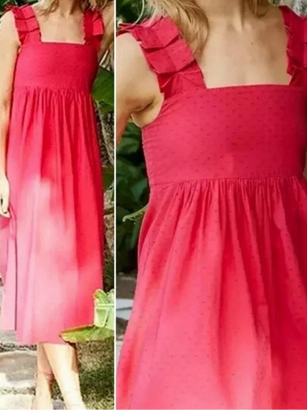LAKE Lolly Swiss Dot Ruffle Shoulder Midi Dress Heatwave Pink Size M